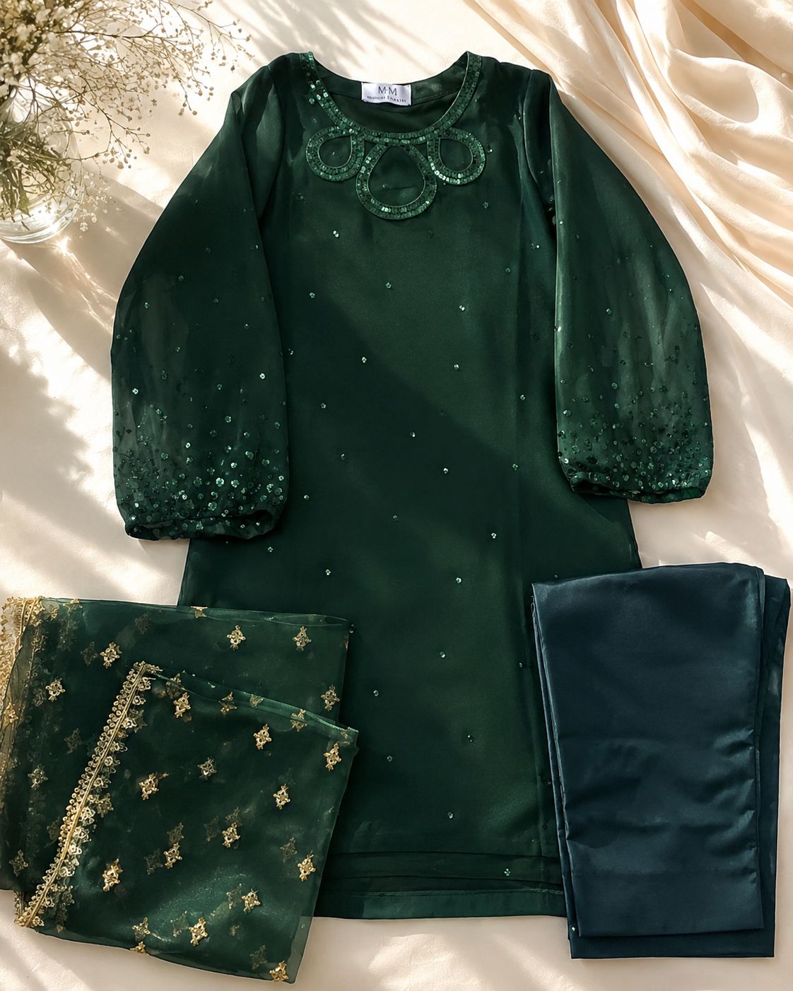3-Piece Fancy Sequin Bottle Green Chiffon Suit with Organza Dupatta & Raw Silk Trouser | Asia Collections