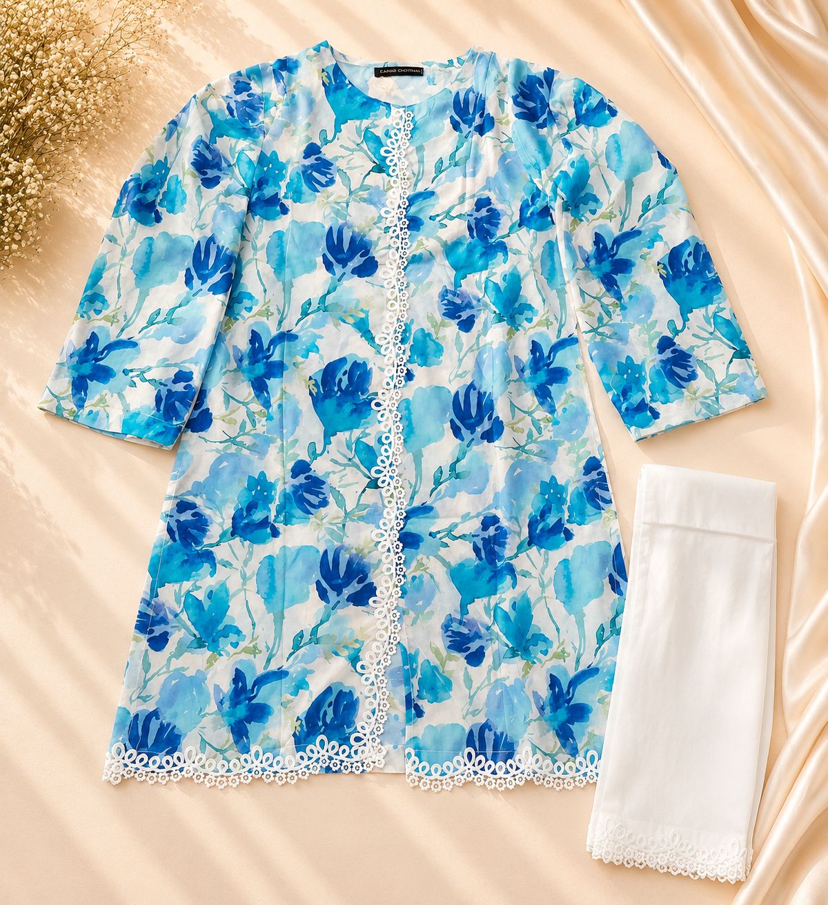 2-Piece Watercolor Floral Print Lawn Open Shirt with Plain Trouser | Asia Collections