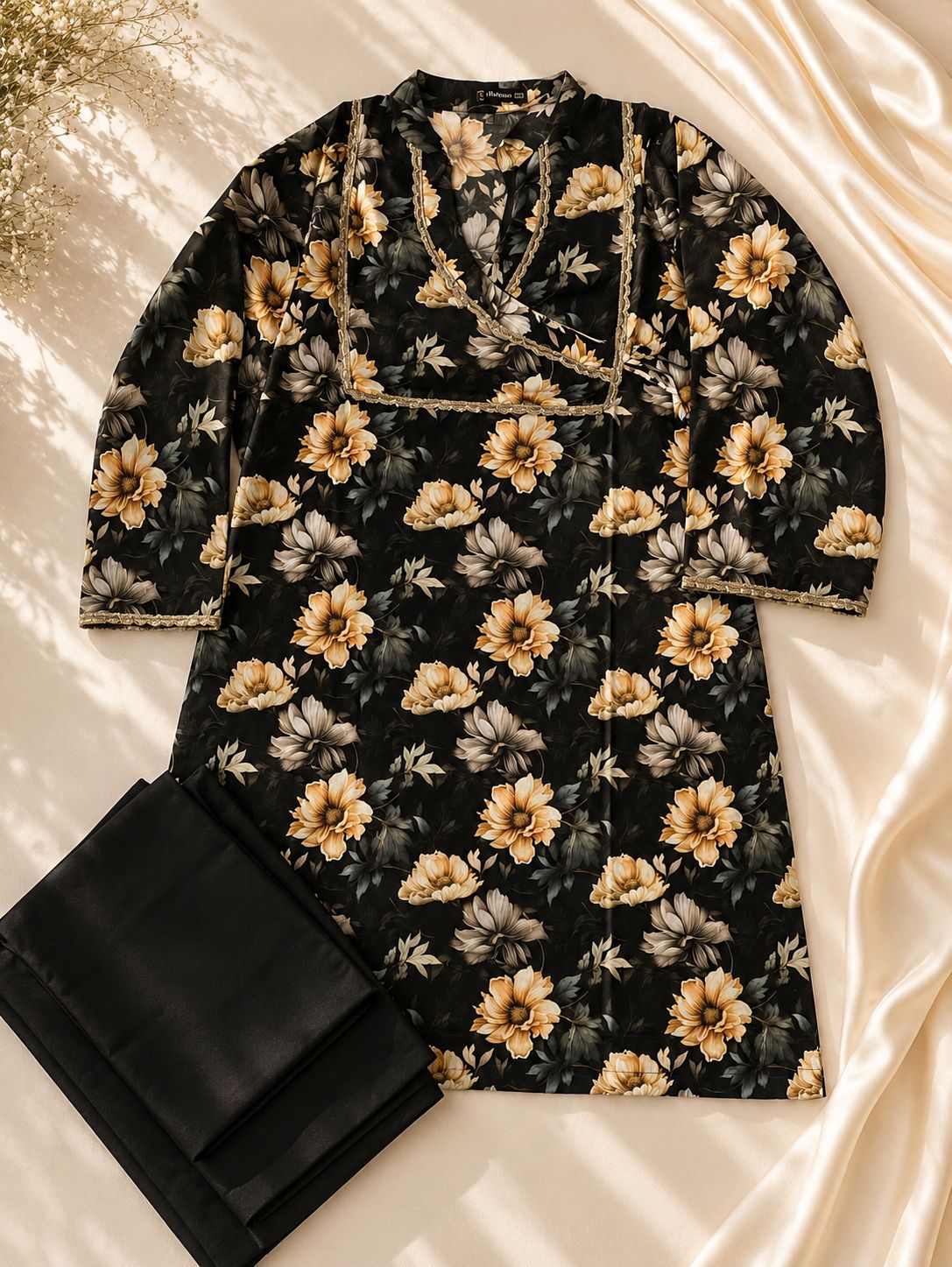 2-Piece Stitched Black Golden Floral Print Lawn Shirt with Trouser | Asia Collections