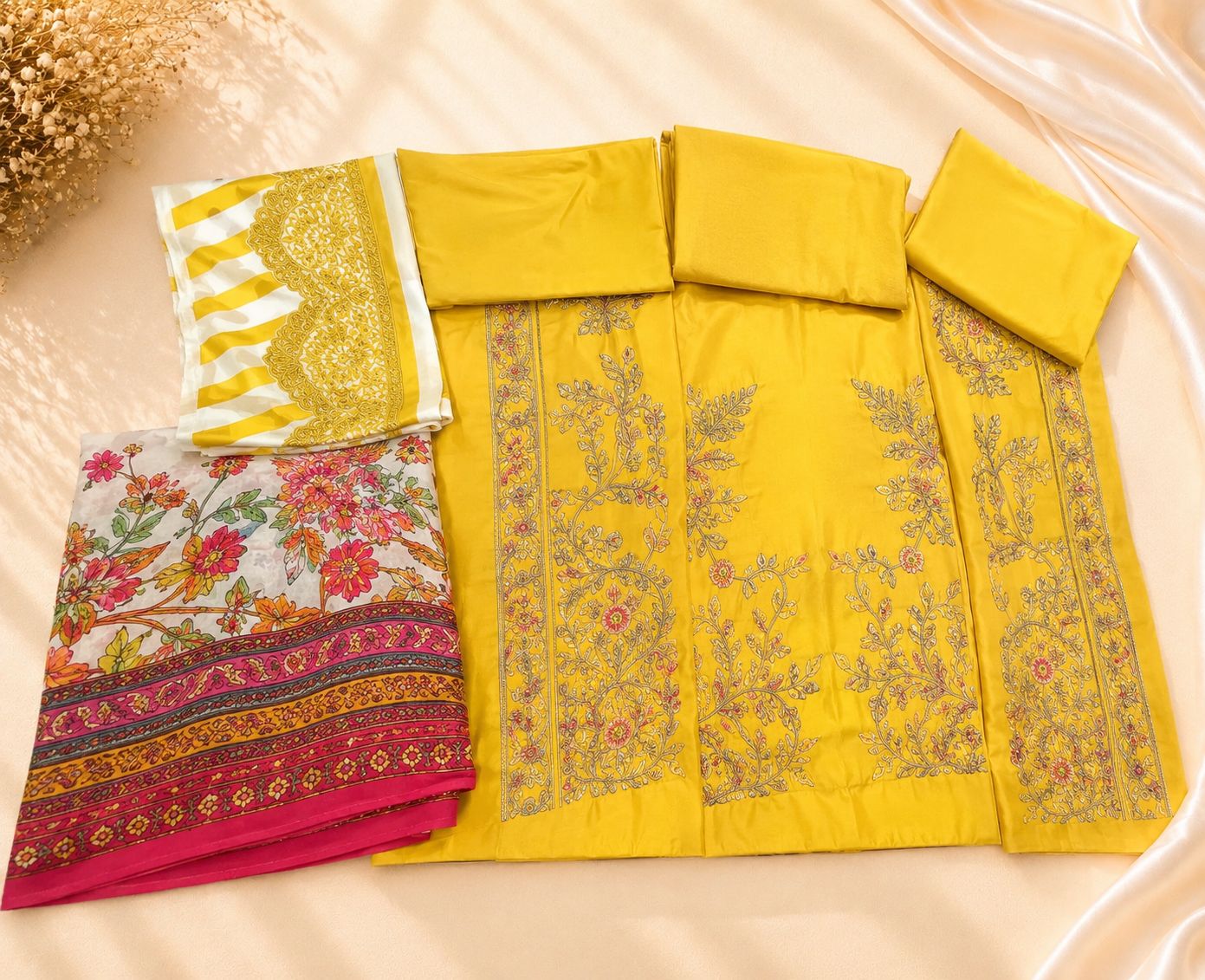 3-Piece Embroidered Mustard Lawn Suit with Printed Chiffon Dupatta | Asia Collections