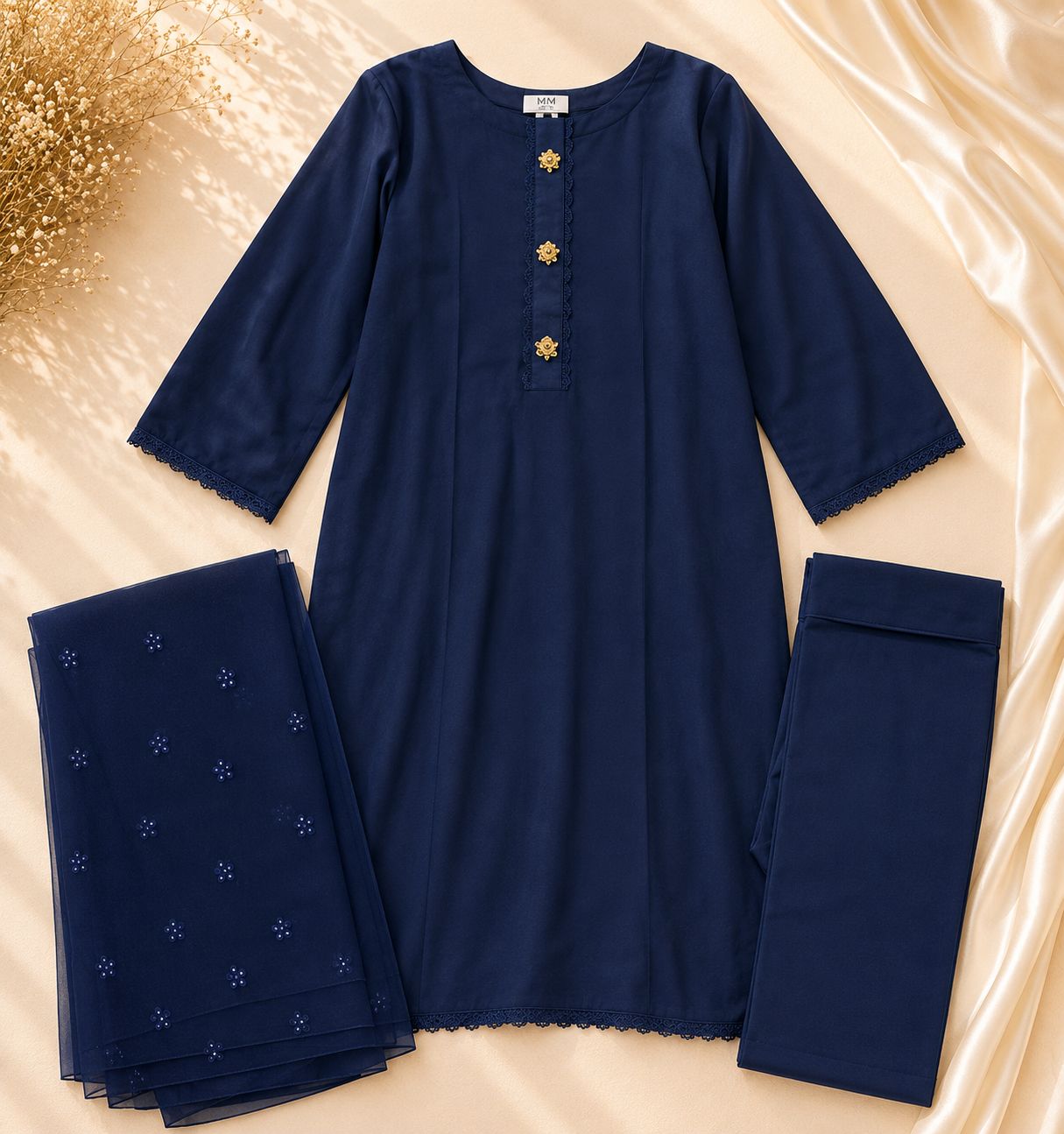 3-Piece Solid Navy Chiffon Suit with Organza Dupatta & Trouser | Asia Collections