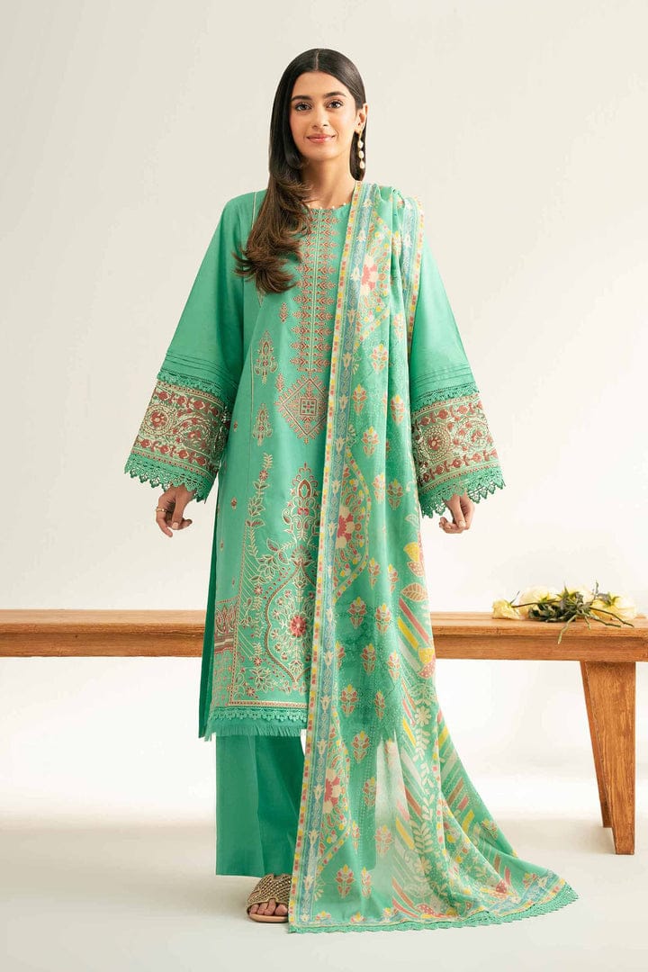 3-Piece Unstitched Embroidered Emerald Green Cambric Suit with Printed Swiss Lawn Dupatta | Asia Collections