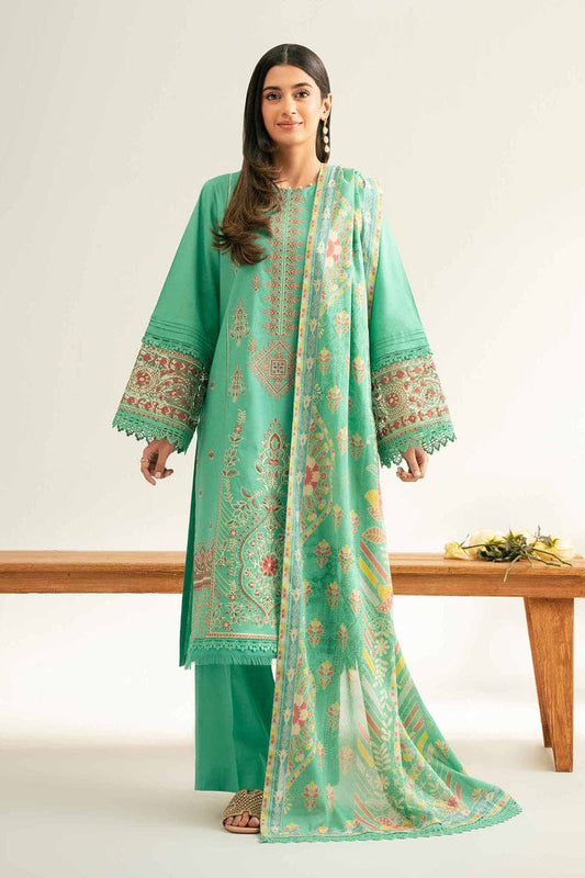 3-Piece Unstitched Embroidered Emerald Green Cambric Suit with Printed Swiss Lawn Dupatta | Asia Collections