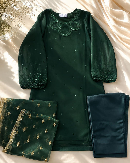 3-Piece Fancy Sequin Bottle Green Chiffon Suit with Organza Dupatta & Raw Silk Trouser | Asia Collections