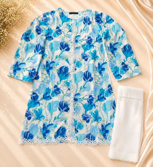 2-Piece Watercolor Floral Print Lawn Open Shirt with Plain Trouser | Asia Collections