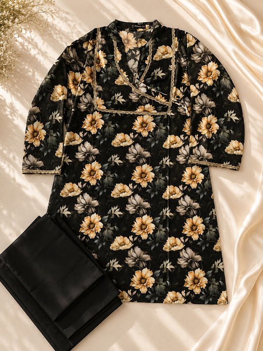 2-Piece Stitched Black Golden Floral Print Lawn Shirt with Trouser | Asia Collections