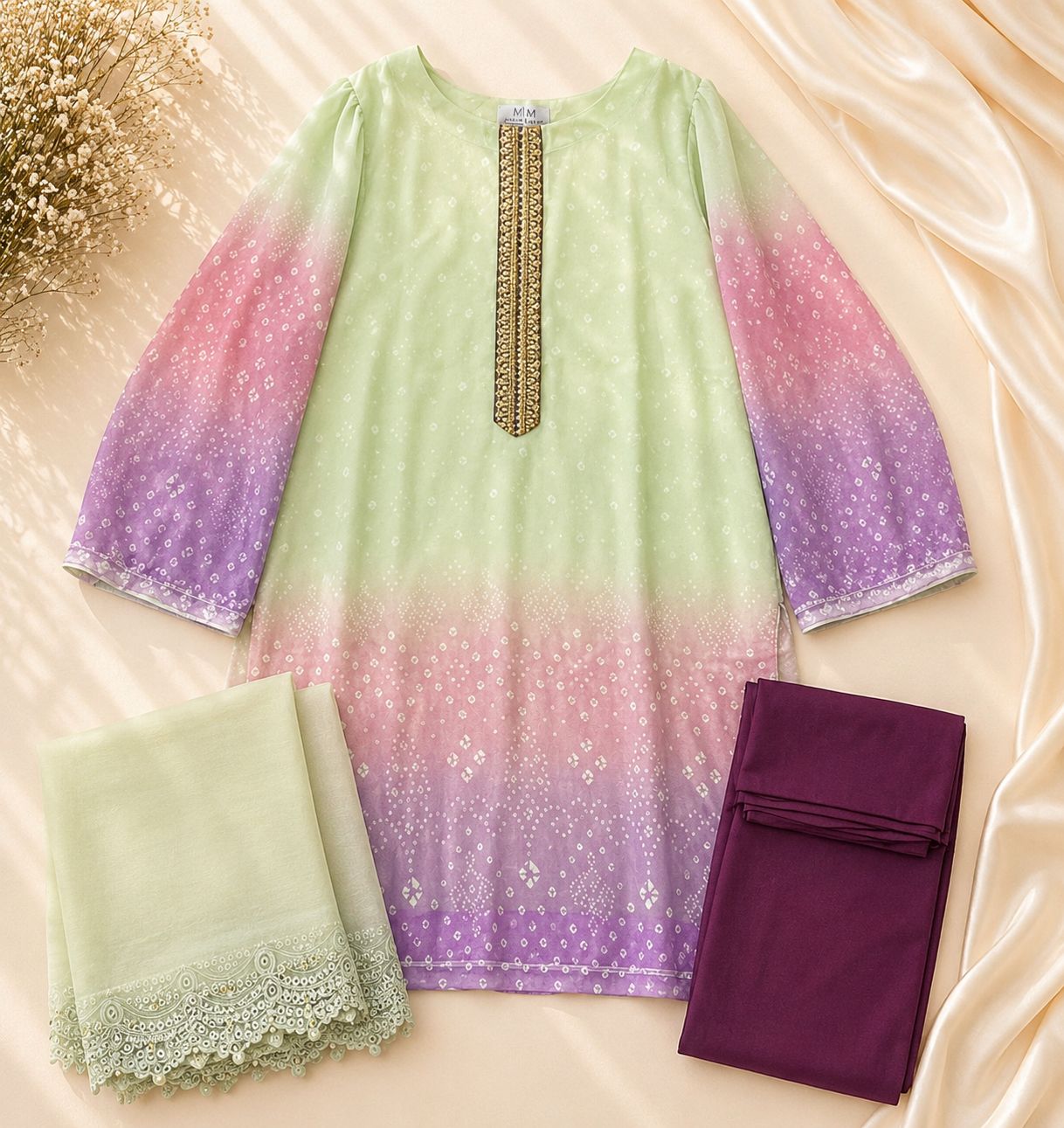 3-Piece Stitched Ombre Bandhani Chiffon Suit with Organza Dupatta & Raw Silk Trouser | Asia Collections