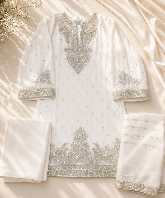 3-Piece White Chiffon Embroidered Suit with Fancy Dupatta & Raw Silk Trouser | Asia Collections