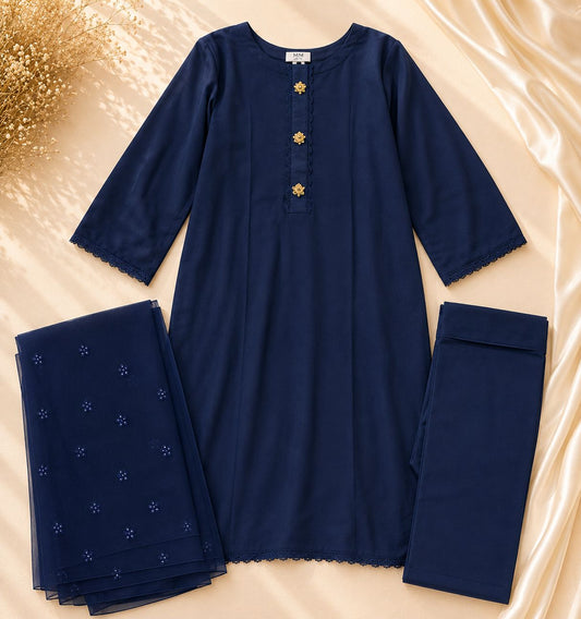 3-Piece Solid Navy Chiffon Suit with Organza Dupatta & Trouser | Asia Collections