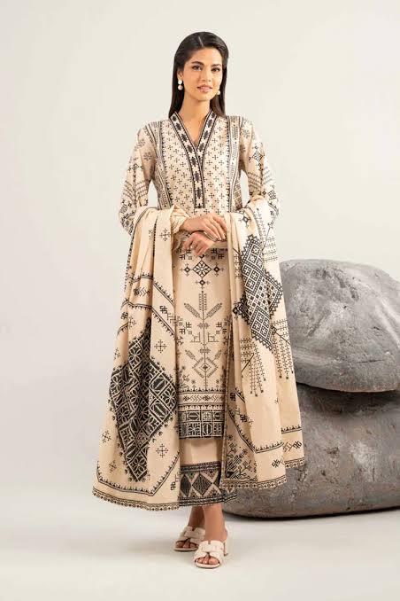 3-Piece Unstitched Tribal Geo Print Lawn Suit with Doria Dupatta | Asia Collections