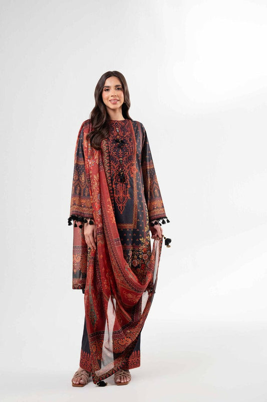 3-Piece Dramatic Black Digital Printed Embroidered Patches & Silk Dupatta | Asia Collections