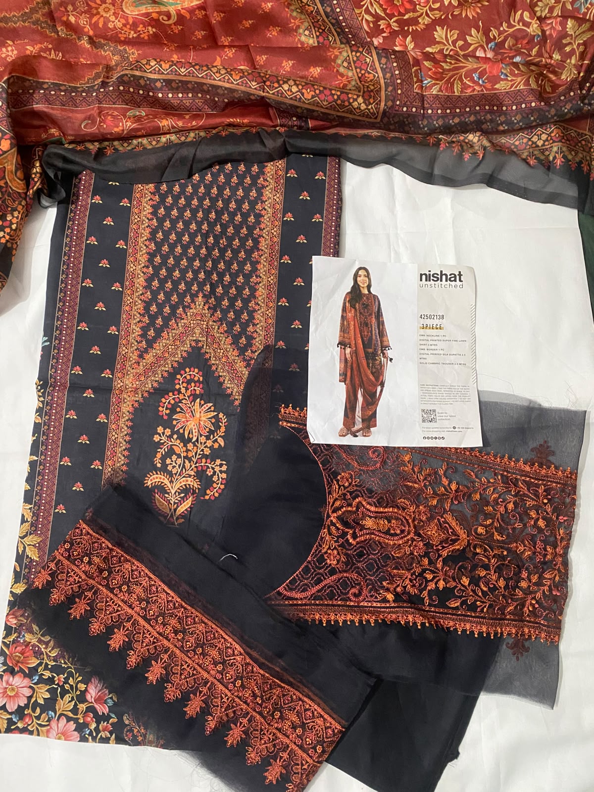 3-Piece Dramatic Black Digital Printed Embroidered Patches & Silk Dupatta | Asia Collections