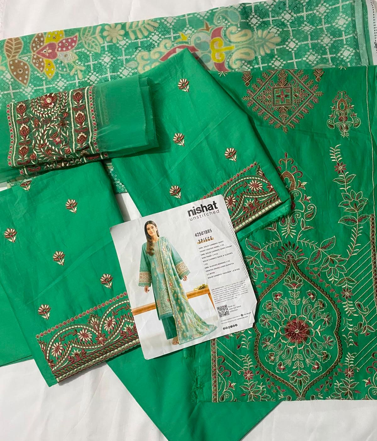 3-Piece Unstitched Embroidered Emerald Green Cambric Suit with Printed Swiss Lawn Dupatta | Asia Collections